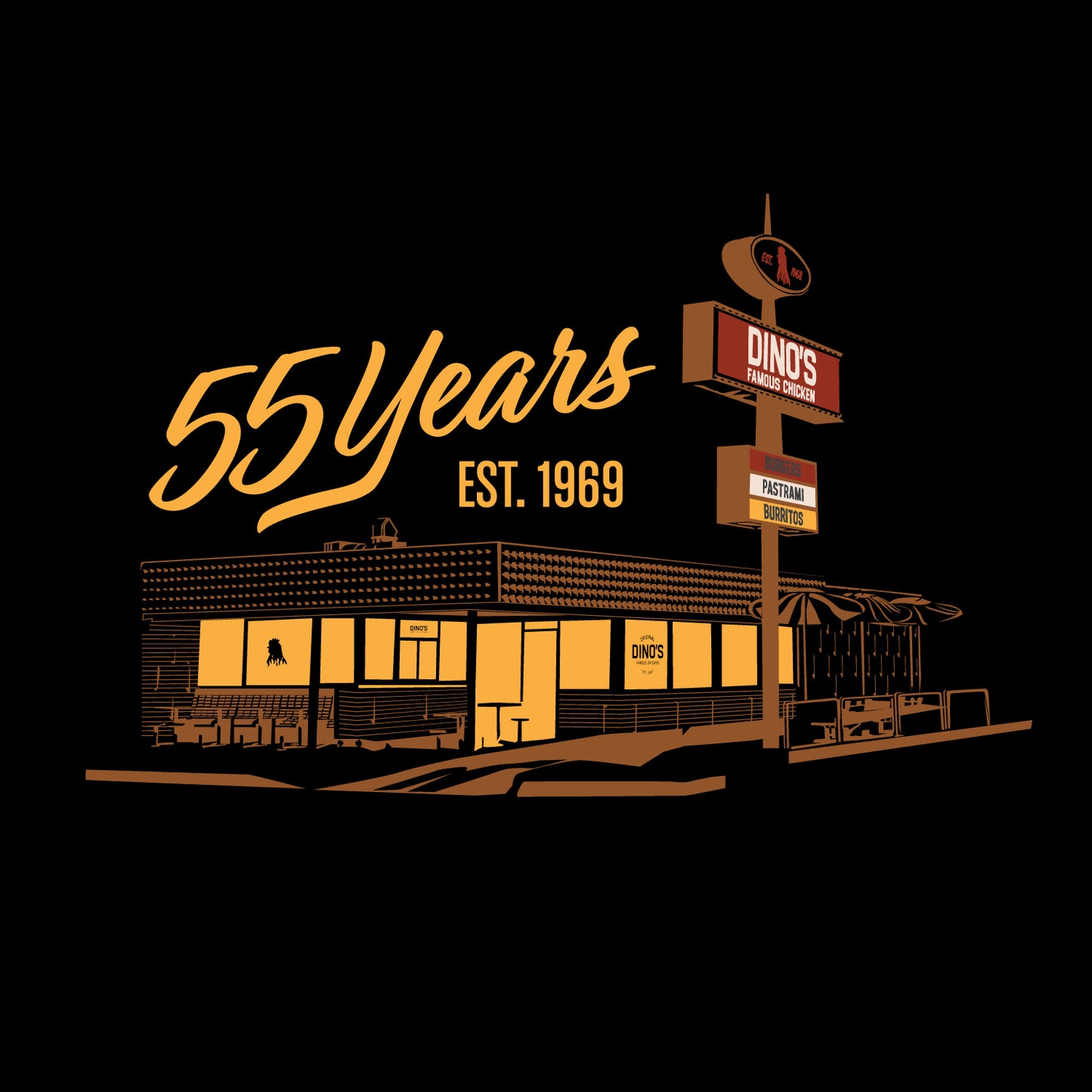 Dino's Famous Chicken 55 Year Anniversary Black T-Shirt