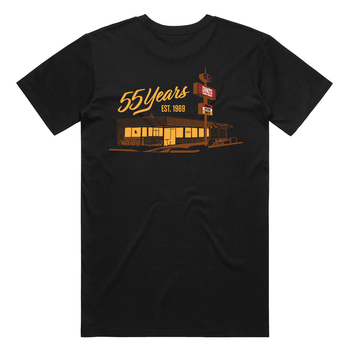Dino's Famous Chicken 55 Year Anniversary Black T-Shirt